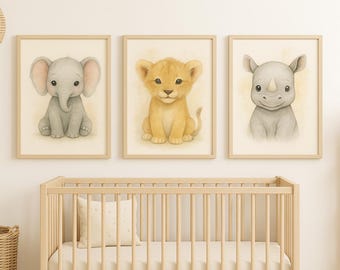 Conjunto de estampado de animales para guardería, arte de pared de safari en la jungla, decoración neutra para habitación de bebé, elefante y león