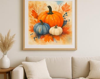 Impresión de calabaza de acuarela otoñal, decoración de granja otoñal, arte de pared de Acción de Gracias, regalo acogedor de cosecha