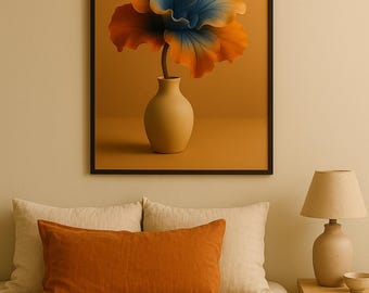 Arte de pared con jarrón floral azul y naranja, impresión botánica moderna, decoración vibrante para el hogar, descarga digital