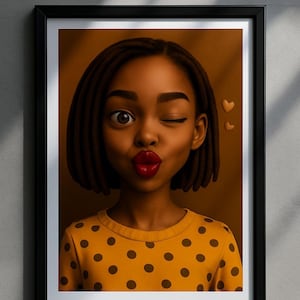 Stampa digitale da parete con ragazza nera giocosa / Ritratto di cartone animato afrocentrico / Ragazza stravagante che fa l'occhiolino / Download immediato