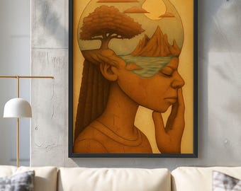Impresión de arte mural de meditación afrocéntrica, decoración espiritual de mujer negra, ilustración surrealista en tonos tierra.