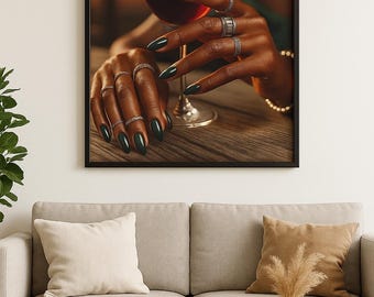 Arte de pared con vino glamuroso, anillos de moda para mujer, impresión elegante, descarga digital, decoración
