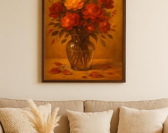 Arte de pared imprimible con ramo de rosas vintage, bodegón floral rústico, decoración campestre francesa