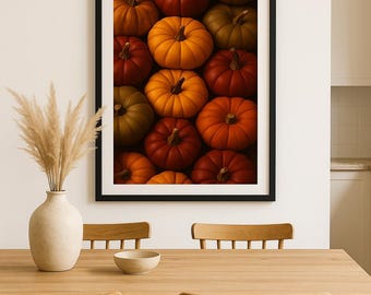 Lámina de naturaleza muerta con calabazas de otoño, foto de cosecha de otoño, arte mural de estilo rústico para Acción de Gracias (descarga digital)