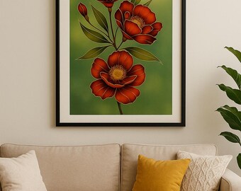 Arte mural botánico con flores rojas, ilustración floral imprimible, elegante póster para decoración del hogar.