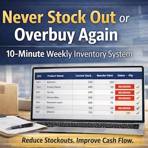 May include: A laptop displays an inventory system with product details, current stock, and reorder points. A clipboard with a pen and a cardboard box are in the foreground. Text reads "Never Stock Out or Overbuy Again."