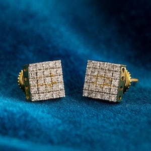 0.81 CTW Round Cut Natural Diamond Square Stud Earrings for Women | 10K Solid Gold Screw Back Earrings | Hip Hop Style Everyday Gift Jewelry