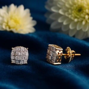 0.24 CTW Round Natural Diamond Square Cluster Stud Earrings | 14K,10K Solid Gold Screw Back Earrings for Women | Wedding Anniversary Jewelry