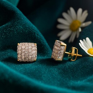 1.47 CTW Round Natural Diamond Square-Shaped Cluster Stud Earrings | 10K Solid Gold Screw Back Earrings for Women | Wedding Bridal Jewelry