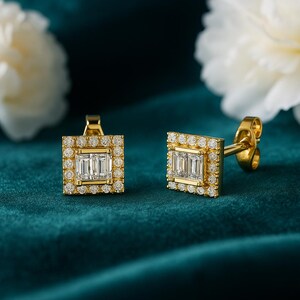 10K Yellow Gold Diamond Square Stud Earrings | Natural Diamond Earrings | Screw Back | Dainty Gift for Her | Sparkling Bridal Jewelry