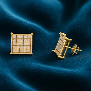 1.10 CTW Natural Diamond Square Cluster Stud Earrings | 10K Solid Gold Screw Back Earrings for Women | Hip Hop, Everyday Wear, Gift Jewelry