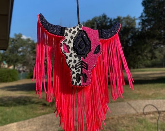 Car Freshie Glittered Bull Skull WITH fringe