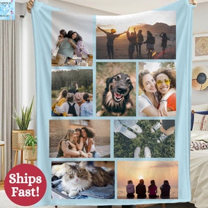 May include: A light blue fleece blanket with a collage of photos. The photos include people, a dog, a cat, and shoes. The text "Ships Fast!" is in the lower left corner.