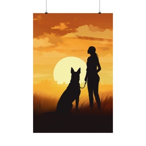A Girl and Her Shepherd - Beautiful Belgian Shepherd Dutch Shepherd German Shepherd Sunset Art Matte Vertical Posters