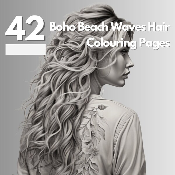 42 Boho Beach Wave Hair Romantic | Inspiration Beauty - Sketchbook | Adult Coloring Pages Book Instant Download Grayscale Hairstyle