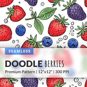Beeren Nahtloses digitales Papier - sich wiederholendes Muster mit Obstkunst für Lebensmittel-, Küchen- und Sommerdesigns - Erdbeere, Blaubeere, Brombeere