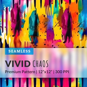 May include: Seamless pattern with a vibrant, abstract design. The artwork features bold brushstrokes in shades of yellow, blue, pink, and orange, with black vertical lines. The text "VIVID CHAOS" is displayed, along with "Premium Pattern | 12"x12" | 300 PPI".
