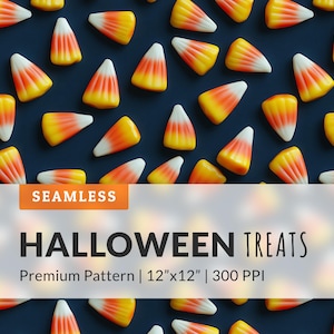 Könnte beinhalten: Nahtloses Muster mit einem sich wiederholenden Design aus orangefarbenem und gelbem Candy Corn auf dunkelblauem Hintergrund. Der Text "HALLOWEEN TREATS" wird in schwarzer Schrift auf einem weißen Rechteck mit einem kleineren orangefarbenen Rechteck darüber angezeigt, auf dem "SEAMLESS" steht. Der Text unter dem Titel lautet "Premium Pattern | 12"x12" | 300 PPI".