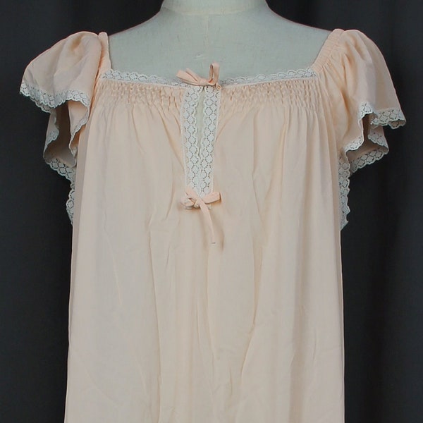 Vintage Peach Nightgown, Lace and Ribbon Accents, Size Large