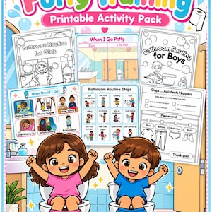 May include: A potty training printable activity pack featuring colorful worksheets, charts, and coloring pages with illustrations of children using the toilet, bathroom routine steps, and accident report forms, all set against a bright bathroom background.