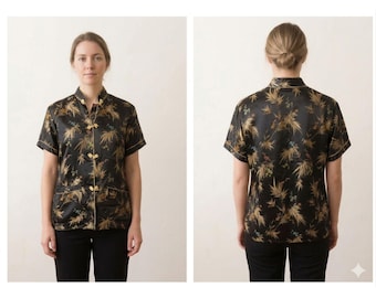 Vintage Oriental Button-Down Kurzarm Stehkragen mit Pankou Knöpfen
