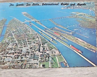 Luftbild der Soo-Schleusen, Sault Ste. Marie, Michigan, Kontinentale Postkarte, Oberer Michigan
