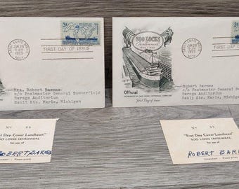 2x Sobres de primer día de emisión del centenario de Soo Locks de 1955 con sellos de Artmaster Cachet y talones de boletos para el almuerzo.