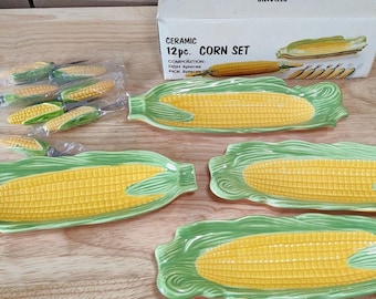 Vintage Corn on the Cob Serving Dishes with Corn Holders Made in Japan With Box