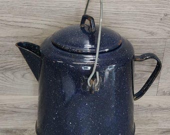 Large Vintage Enamelware Dark Blue-White Speckled Cowboy Coffee Kettle Pot