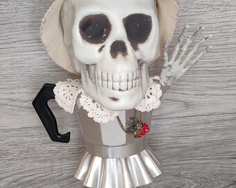 Vintage Assemblage Art Skeleton Doll Sculpture, Quirky Halloween Spooky Decor, Upcycled Moka Express Coffee Pot Oddity, Creepy Cute Folk Art