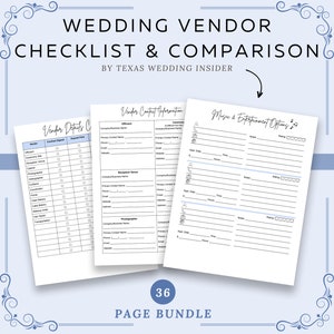 Wedding Vendor Checklist and Comparison Printable, Wedding Planning Worksheets, Printable Wedding Checklist, Compare Wedding Vendors, PDF
