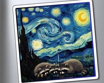 Imán de mapache de La noche estrellada, decoración artística para nevera