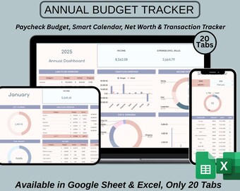 Op de afbeelding: Digitale jaarlijkse budgettracker weergegeven op een laptop, tablet en smartphone. De schermen tonen financiële gegevens, grafieken en tabellen. Tekst: "Annual Budget Tracker", "Paycheck Budget" en "20 Tabs". Beschikbaar in Google Sheet & Excel.