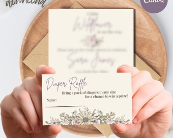 Editable Wildflower Baby Shower Diaper Raffle Ticket Template (3.5x2"), Printable Diaper Raffle Nappy, Floral Baby Shower Game