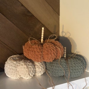 May include: Three crocheted pumpkins in beige, brown, and green with twine accents. The pumpkins are arranged on a white shelf.
