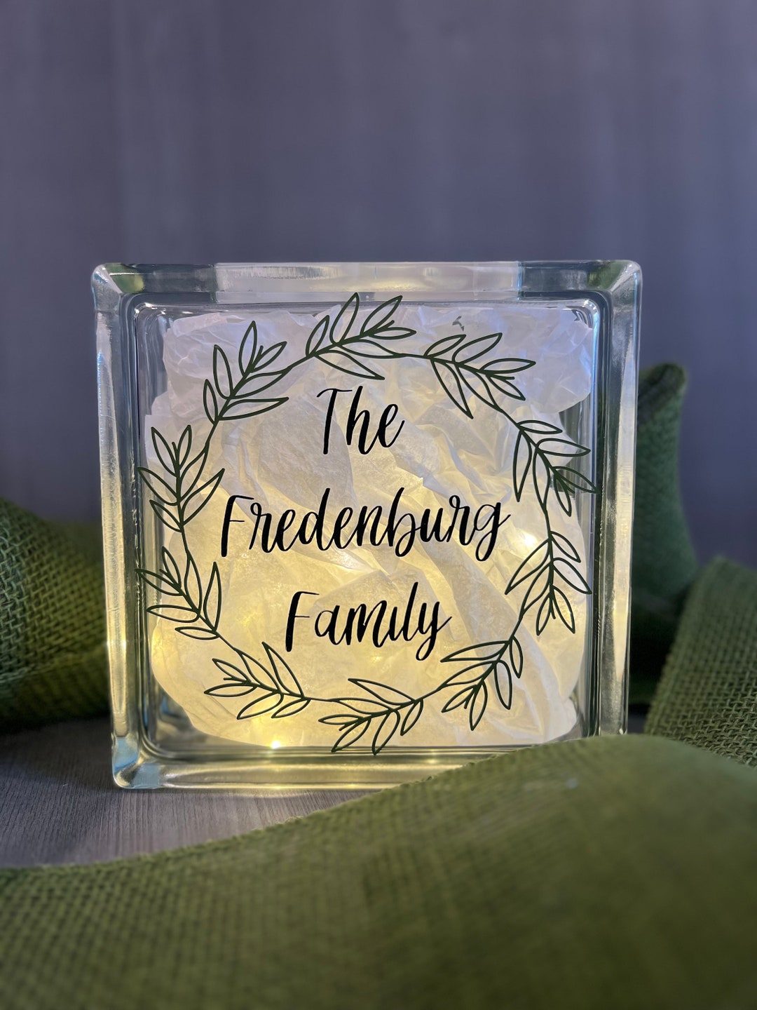 Personalized Greenery Wreath Glass Block Glass Block Light Glass Block