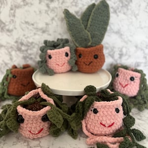 May include: Five crocheted plant pots with smiling faces. The pots are pink and brown with green crocheted leaves.