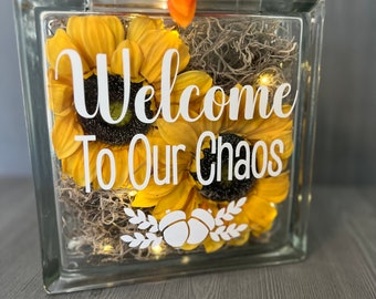 Welcome to Our Chaos Floral Glass Block | Glass Block Light | Glass Block Decor | Lighted Glass Block | Home Decor | Personalized Sign