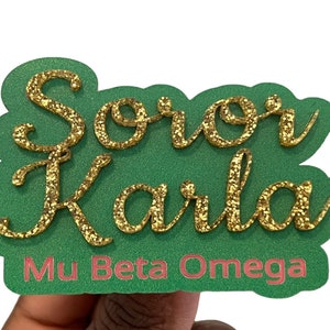 Soror Name Pin, Golden Soror, Soror Name Badge, Pink and Green Lapel Pin, Chapter Pin, Personalized Soror Gift, Custom Sorority Name Tag