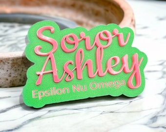 Soror Name Pin, Custom Name Badge, Pink and Green Lapel Pin, Personalized Sorority Name Pin, Chapter Meeting Name Tag
