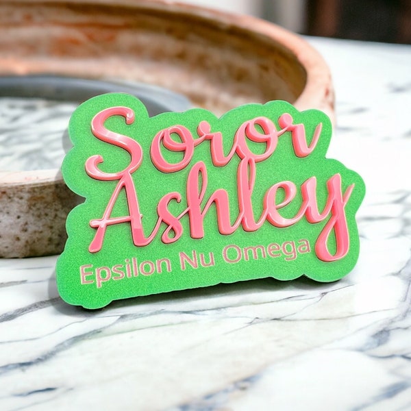 Soror Name Pin, Custom Name Badge, Pink and Green Lapel Pin, Personalized Sorority Name Pin, Chapter Meeting Name Tag
