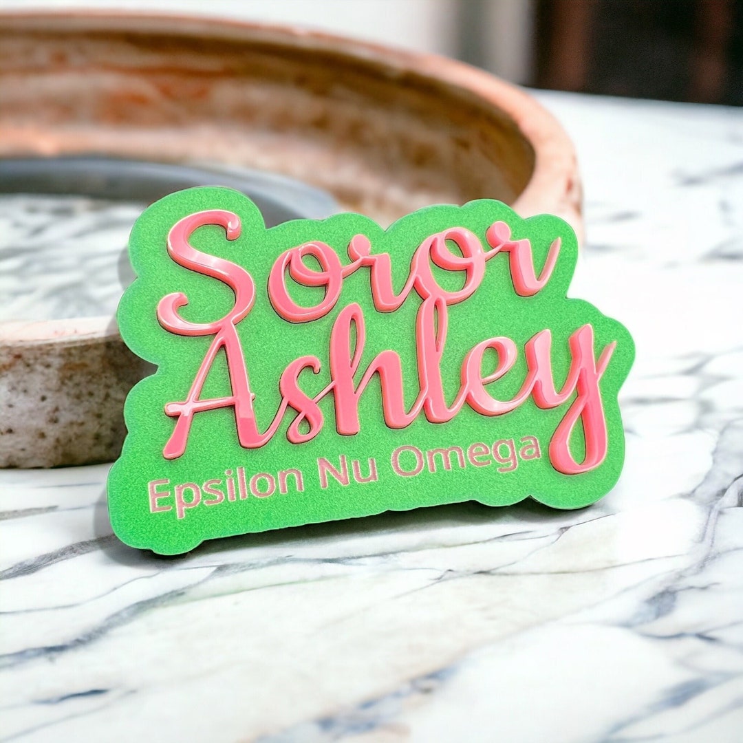 Soror Name Pin, Custom Name Badge, Pink and Green Lapel Pin ...