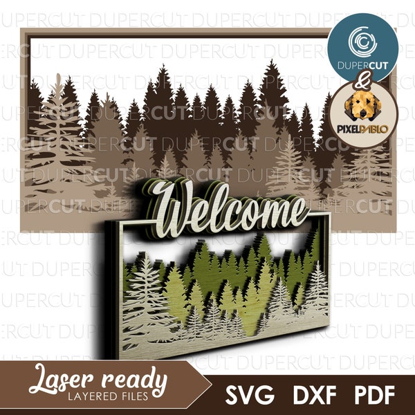 2 designs Treeline Welcome sign SVG layered file | Vector Design for Laser Cutting Machines | Laser Engraving | nature woods wall decoration