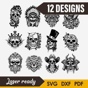 Peut inclure: Une collection de 12 motifs de crânes en noir et blanc, chacun avec des éléments décoratifs uniques tels que des fleurs, des couronnes et des chapeaux. L'image comprend le texte "12 Designs" et "Laser ready" avec les formats de fichiers SVG, DXF et PDF.