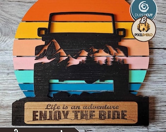 Retro Sunset SUV SVG File: "Life is an Adventure, Enjoy the Ride" Laser Cut Wall Decor Plaque (Digital Download)