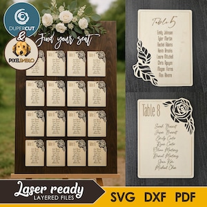 以下が含まれることがあります： ゲストの名前が記載された16枚のテーブルカードが付いた、木製のウェディング座席表。メインボードは濃い茶色で、「Find your seat」の文字が書かれています。テーブルカードは花の模様で、レーザー加工に対応しています。