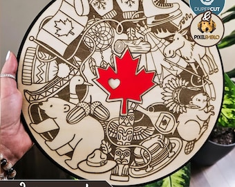 Collage di simboli canadesi in formato SVG a strati / Progettazione vettoriale per macchine da taglio laser / Incisione laser / Scarabocchi disegnati a mano sulla cultura canadese