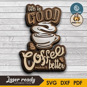 May include: A layered wooden sign with the text "life is good & coffee makes it better" and a coffee cup design. The sign is brown and beige, with the words and coffee cup in a lighter color. The sign is laser ready and includes SVG, DXF, and PDF files.