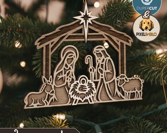 May include: Wooden Christmas ornament depicting the Nativity scene, including Mary, Joseph, baby Jesus, a donkey, and sheep. The ornament is laser-cut with a star at the top and the words "Laser ready" and "SVG DXF PDF" at the bottom.