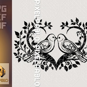 Archivo SVG de pájaros del amor / Plantilla detallada Diseño vectorial para máquinas de corte Sublimación Grabado láser / Día de San Valentín palomas en forma de corazón